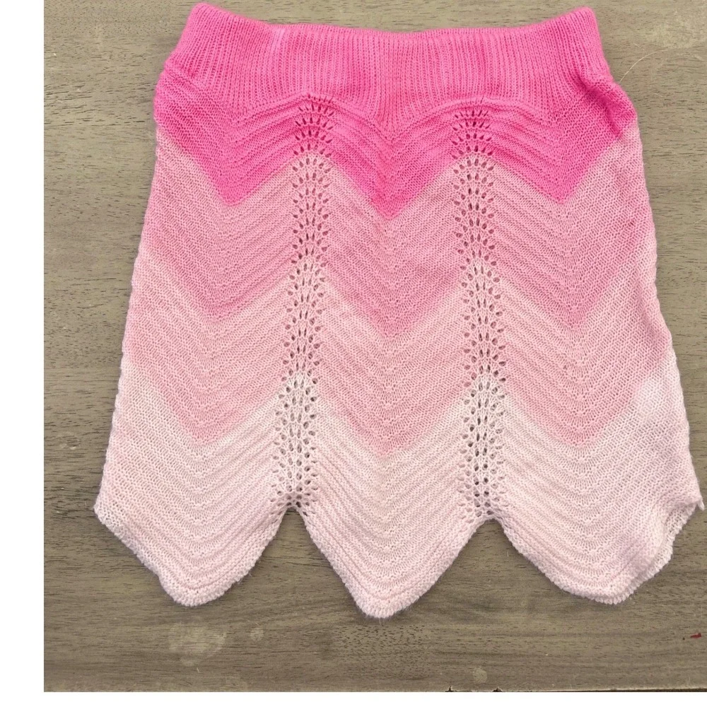 Pink Ombre Chevron Knit Mini Skirt Scalloped Hem Pointelle Size Large 528-11